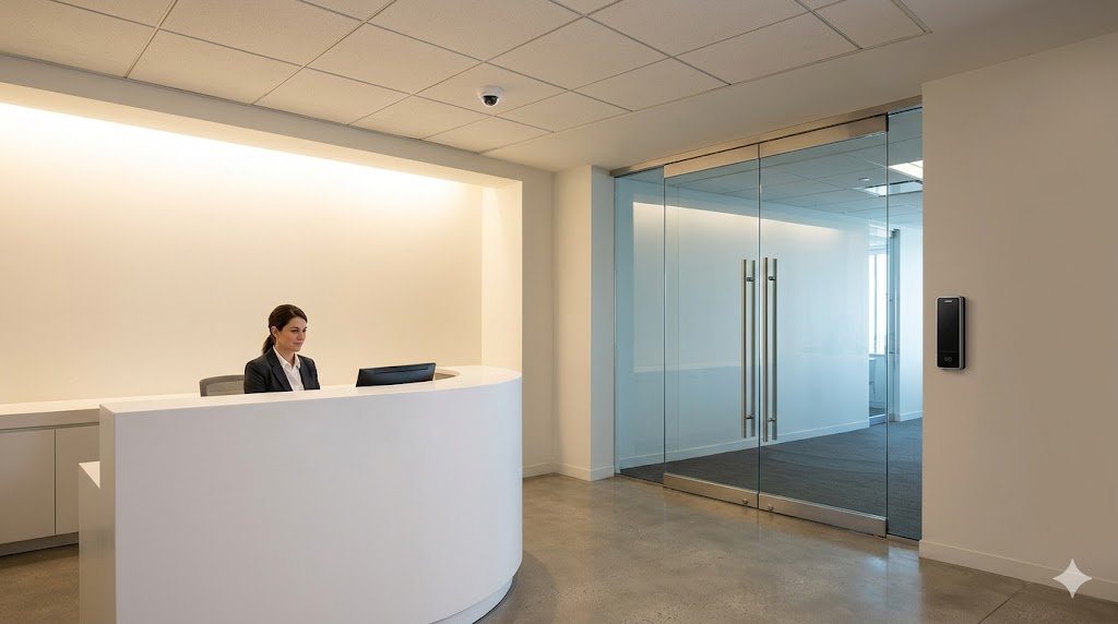 Corporate office reception with discreet dome camera and access control reader
